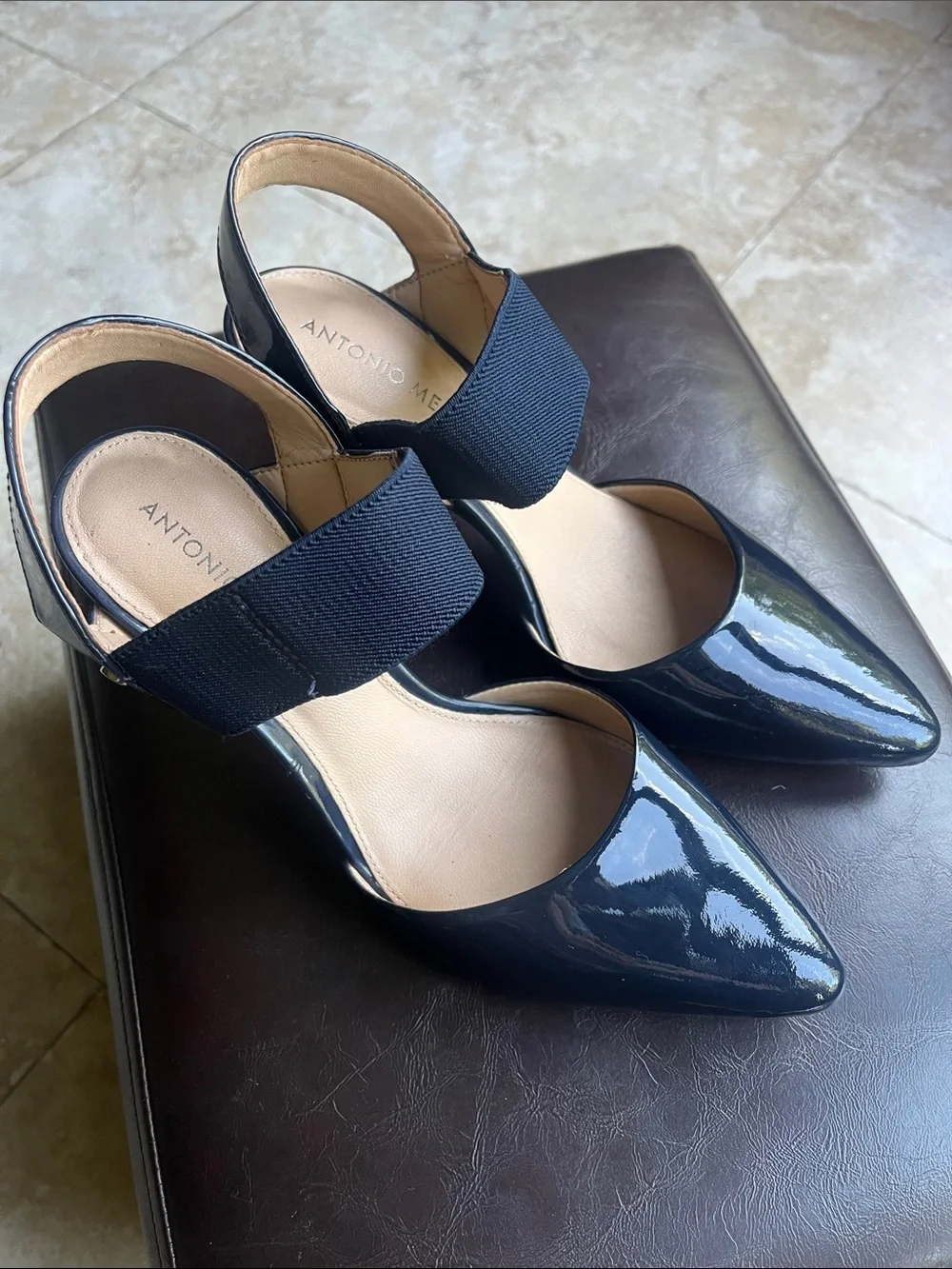 ANTONIO MELANI Navy Patent Slingback Heels with Wide Elastic Strap 6.5
